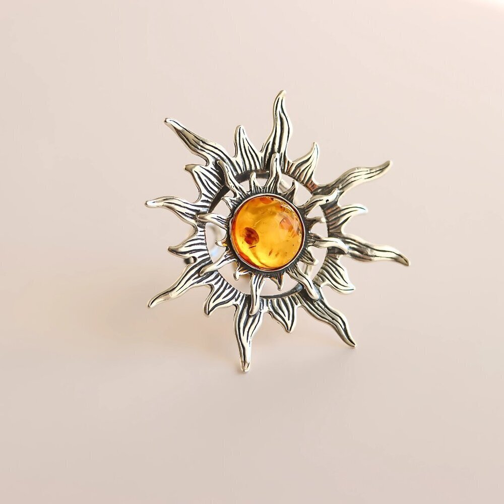 Baltic Amber Sun Ring in 925 Sterling Silver- Adjustable Size